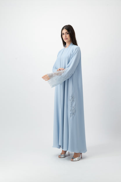 Crepe Lace Applique abaya in Ballad Blue by GREI