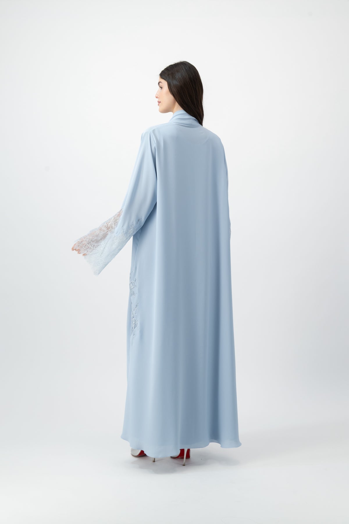Crepe Lace Applique abaya in Ballad Blue by GREI