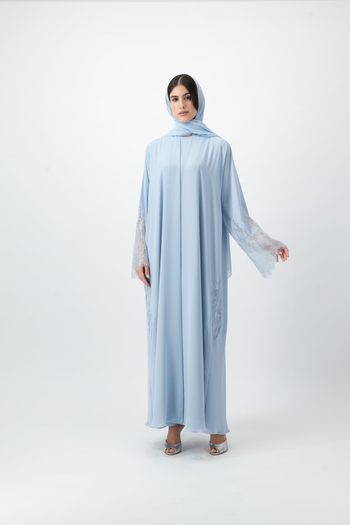 Crepe Lace Applique abaya in Ballad Blue by GREI