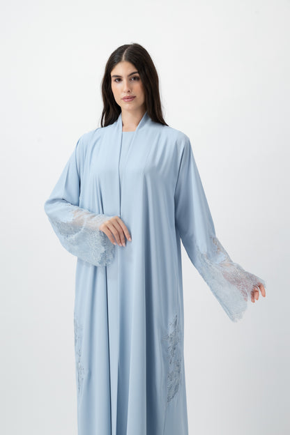 Crepe Lace Applique abaya in Ballad Blue by GREI