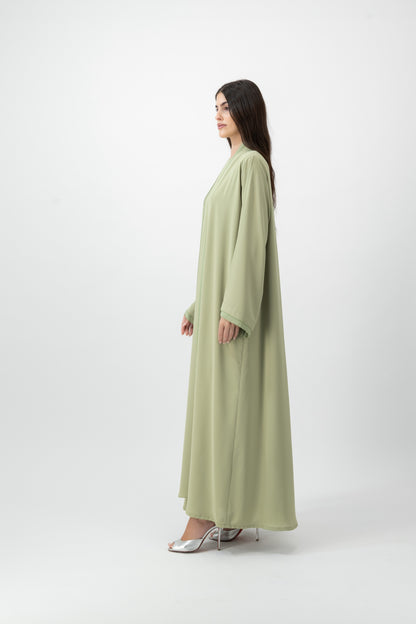 Crepe Crochet Trim abaya in Nile Green by GREI