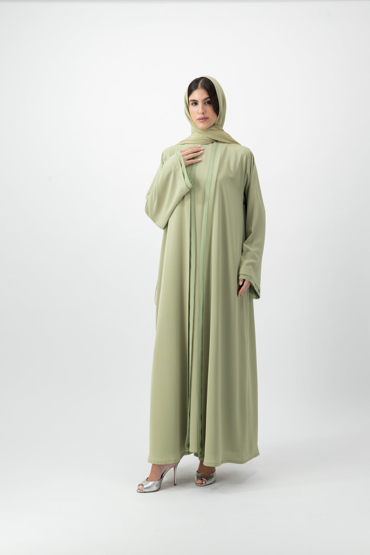 Crepe Crochet Trim abaya in Nile Green by GREI