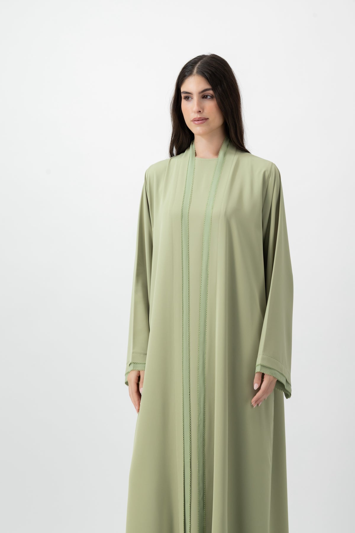 Crepe Crochet Trim abaya in Nile Green by GREI