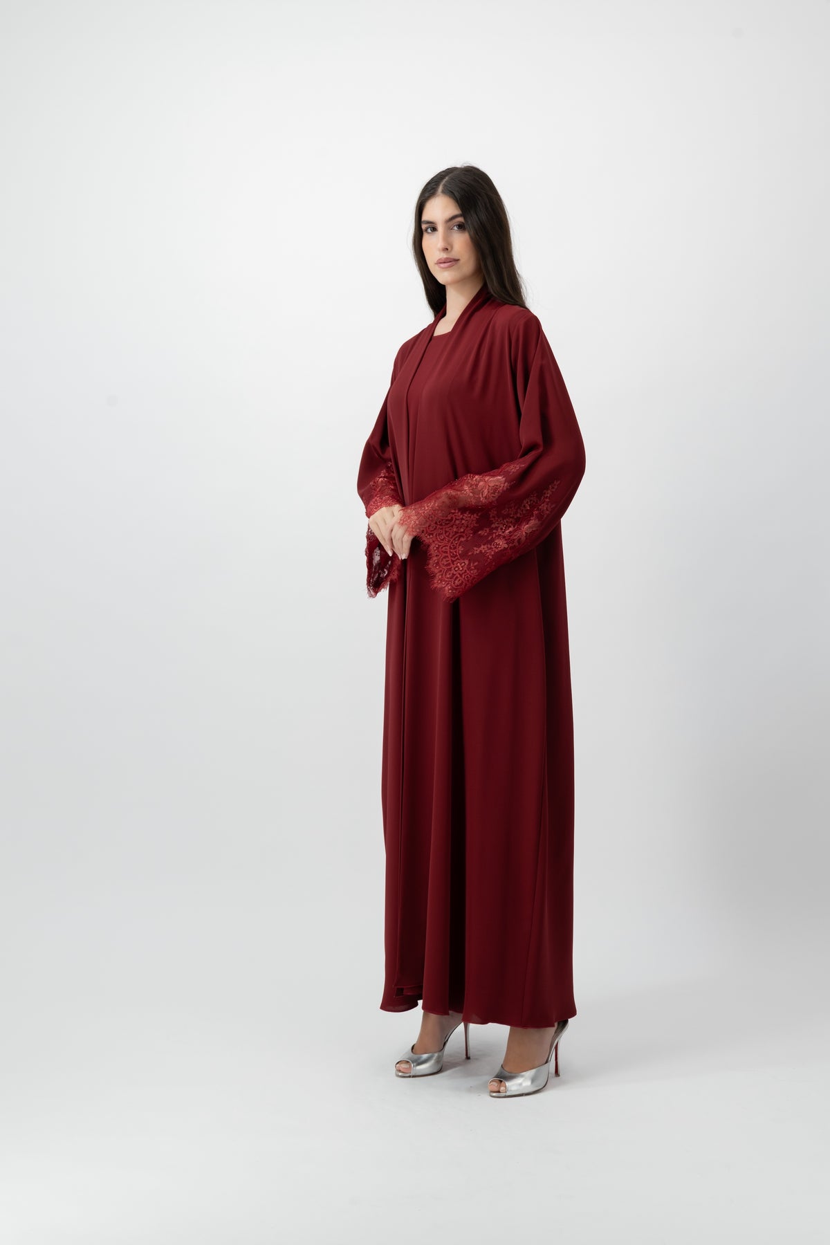 Crepe Lace Cuff abaya in Red Dahlia by GREI
