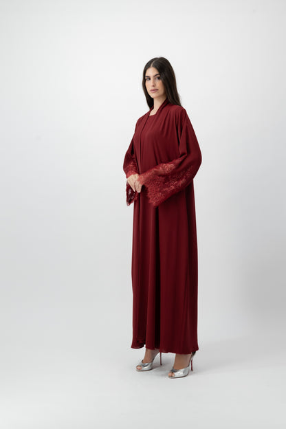 Crepe Lace Cuff abaya in Red Dahlia by GREI