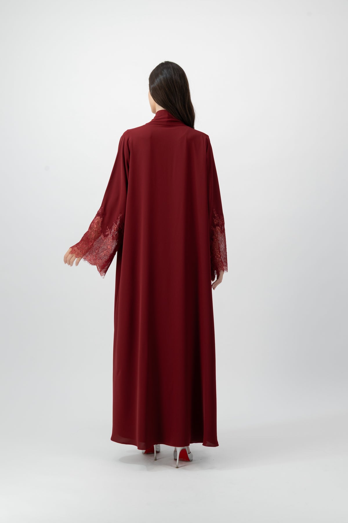 Crepe Lace Cuff abaya in Red Dahlia by GREI