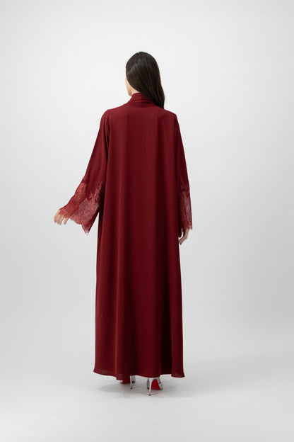 Crepe Lace Cuff abaya in Red Dahlia by GREI