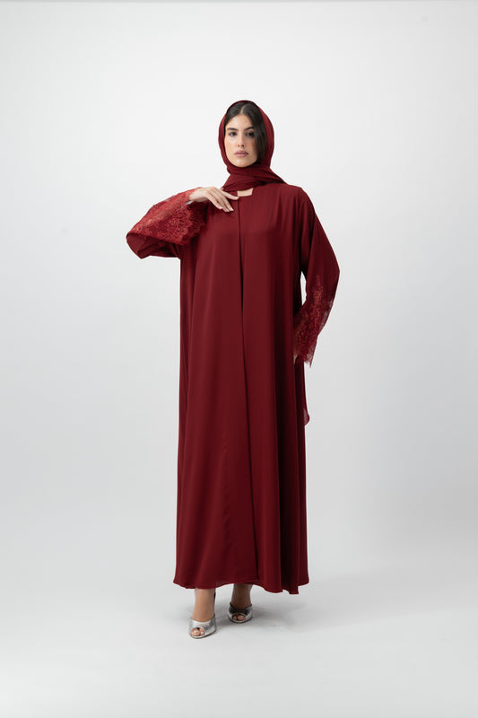 Crepe Lace Cuff abaya in Red Dahlia by GREI