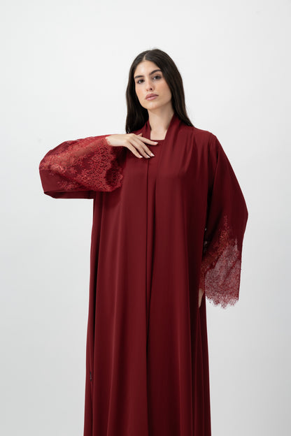 Crepe Lace Cuff abaya in Red Dahlia by GREI