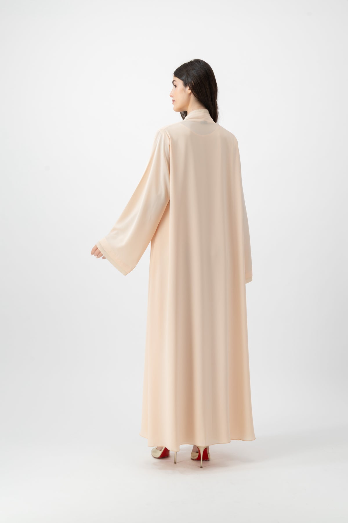 Crepe Crochet Trim abaya in Peach Dust by GREI