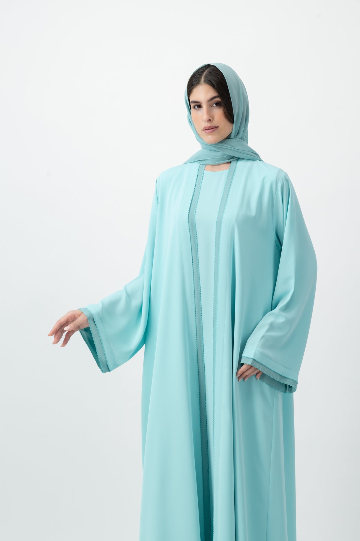 Crepe Crochet Trim abaya in Island Paradise by GREI