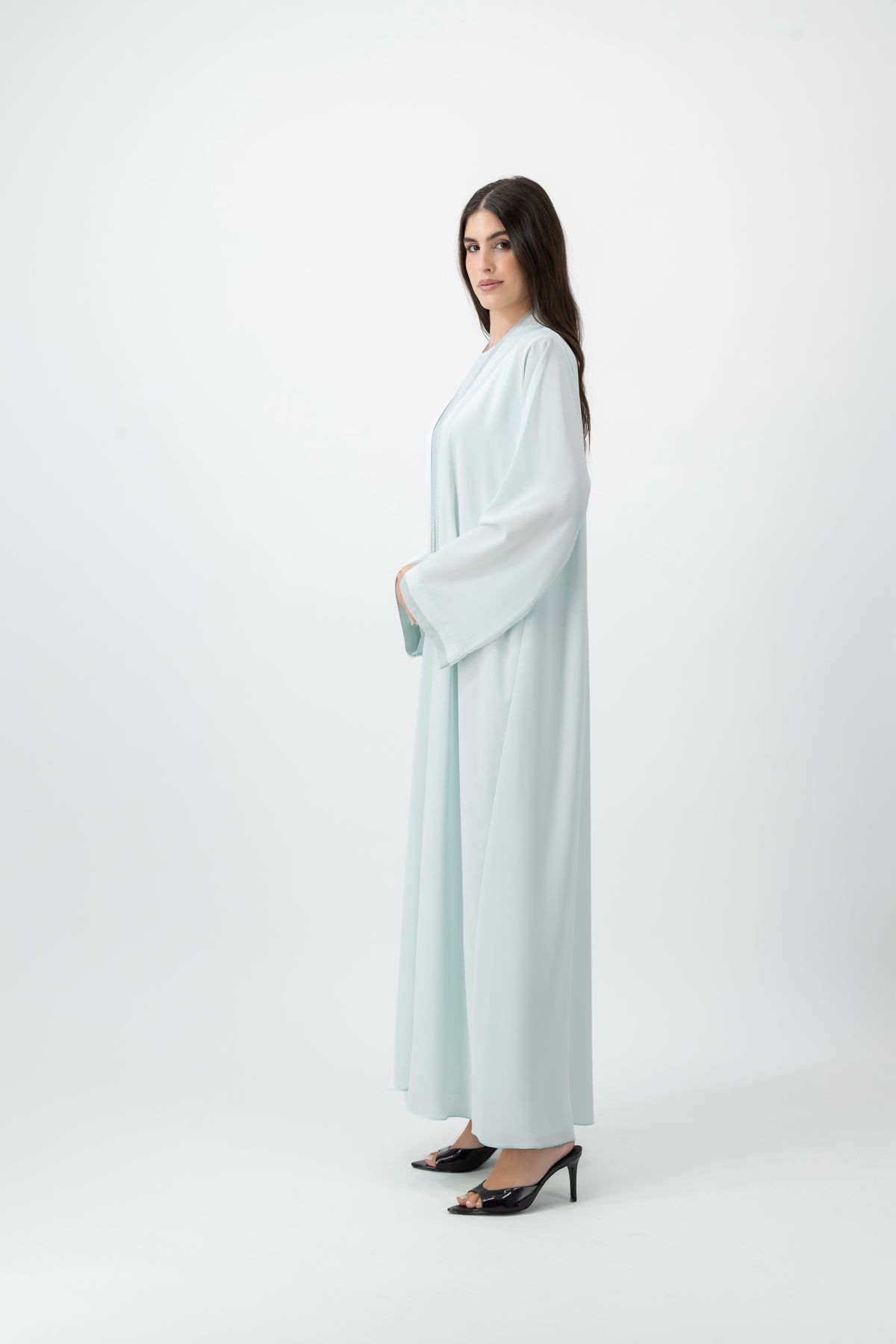Crepe Crochet Trim abaya in Baby Blue by GREI