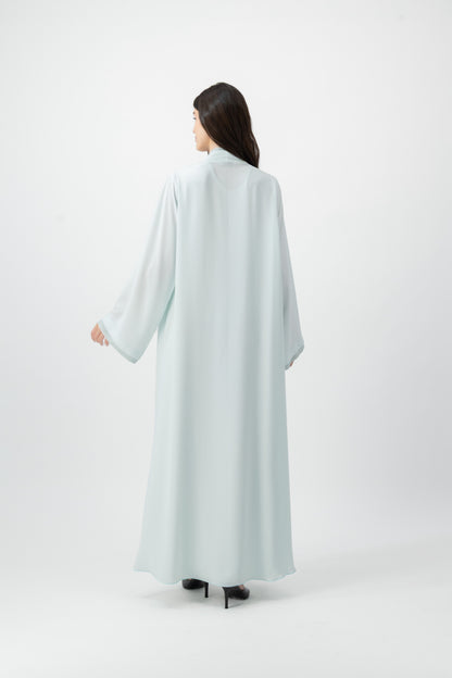 Crepe Crochet Trim abaya in Baby Blue by GREI