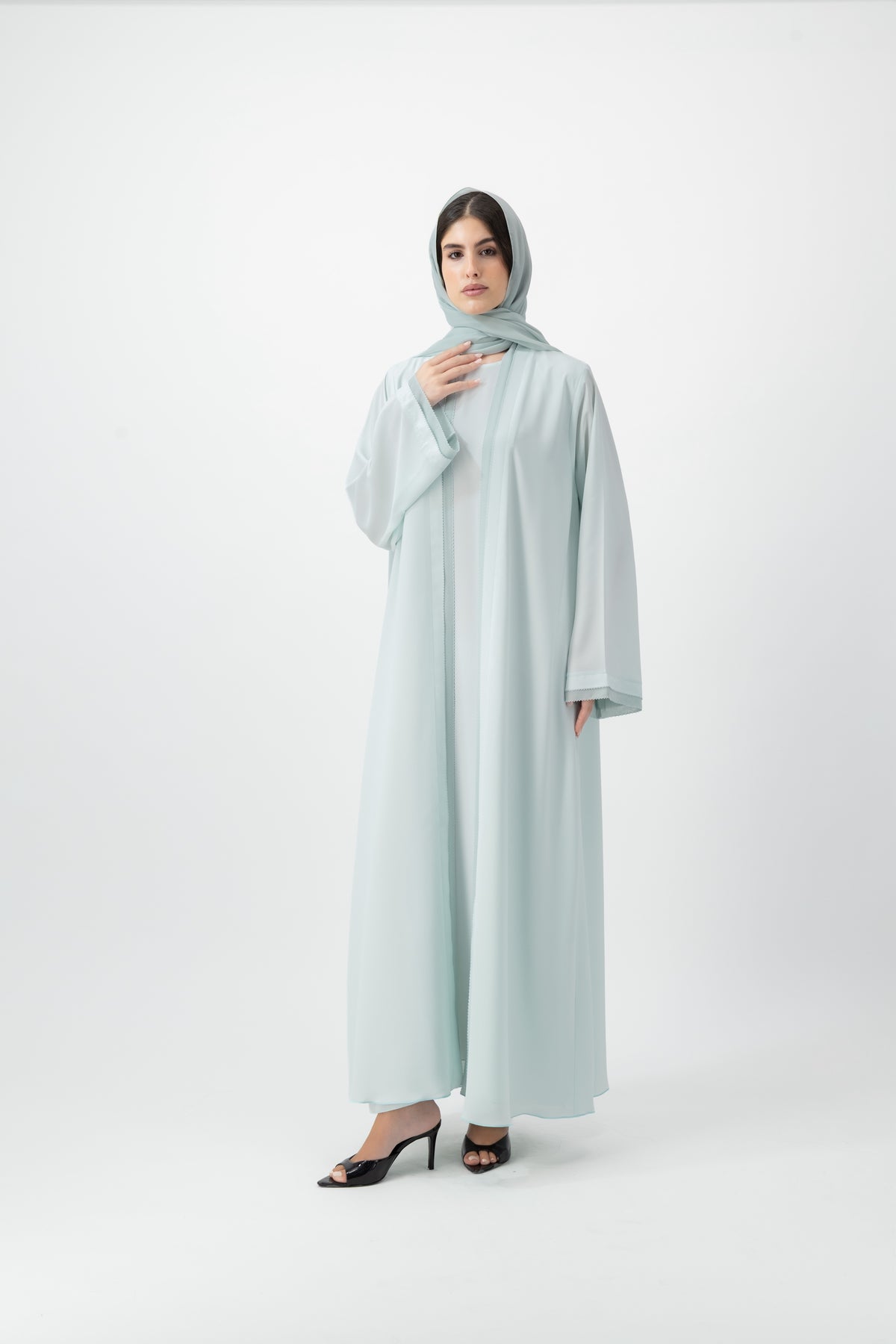 Crepe Crochet Trim abaya in Baby Blue by GREI