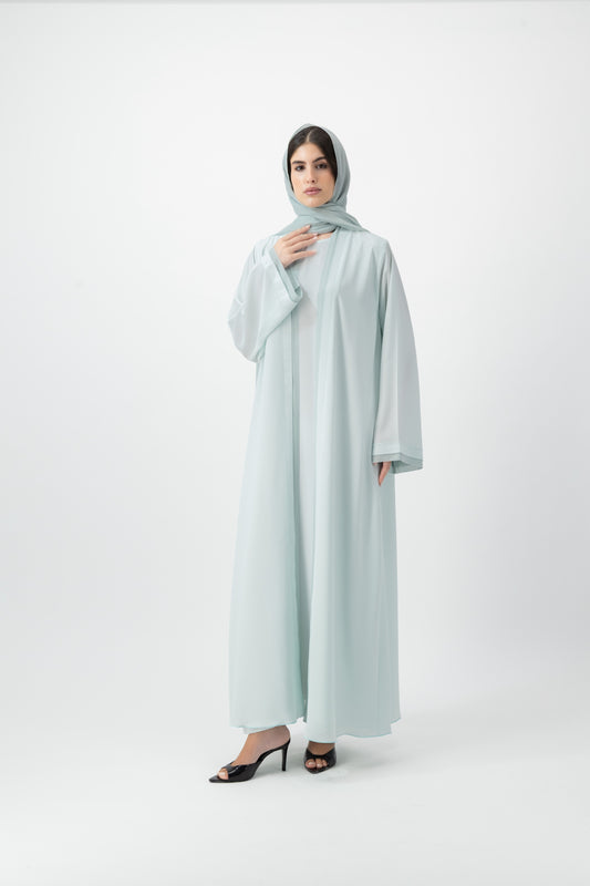 Crepe Crochet Trim abaya in Baby Blue by GREI