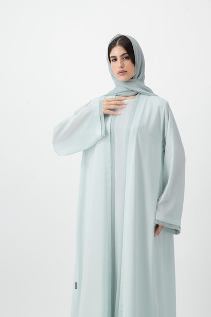 Crepe Crochet Trim abaya in Baby Blue by GREI