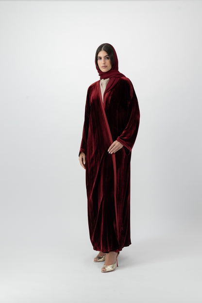 Velvet bisht abaya in Burgundy by GREI