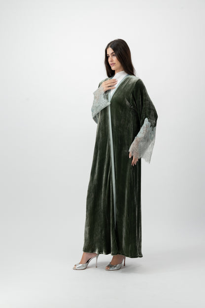 Velvet Silk Lace Cuff abaya in Bronze Green by GREI
