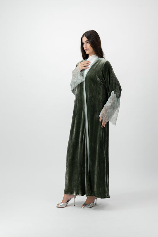 Velvet Silk Lace Cuff abaya in Bronze Green by GREI