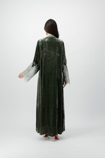 Velvet Silk Lace Cuff abaya in Bronze Green by GREI