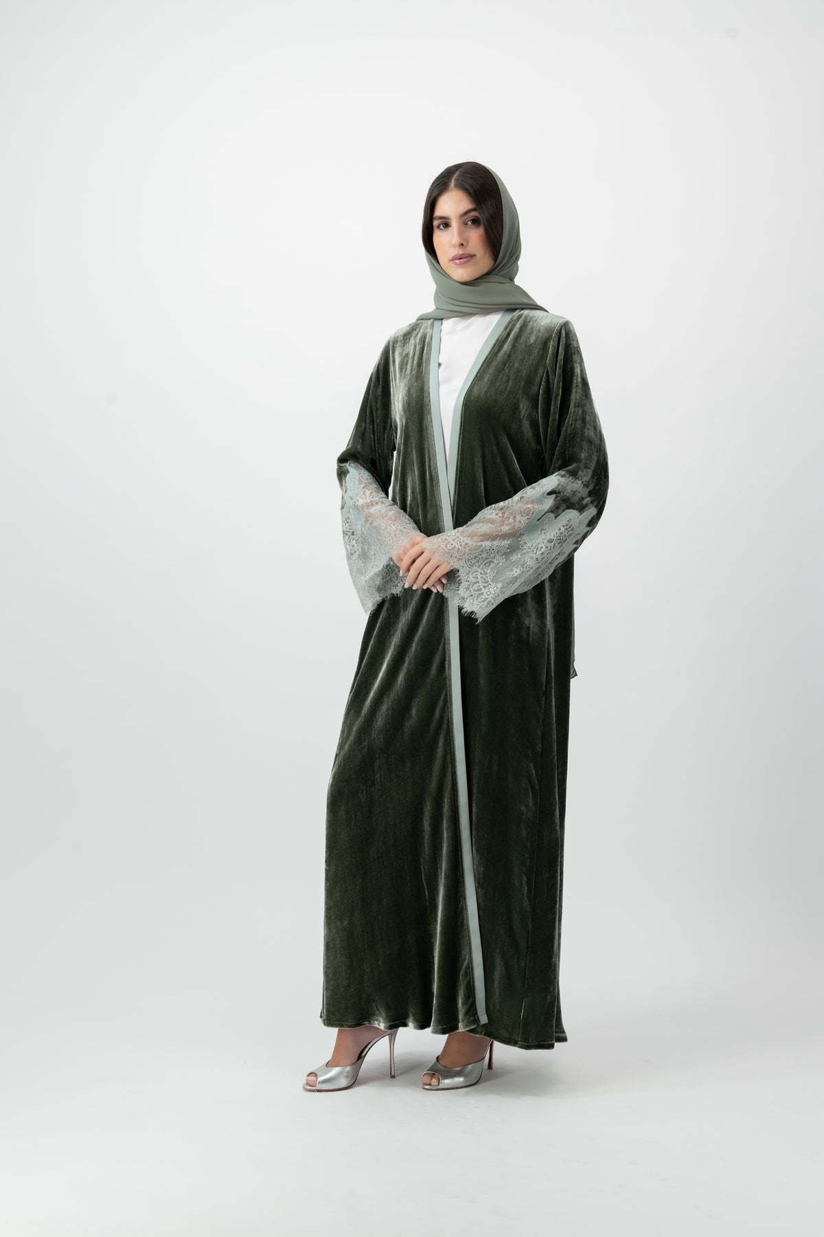 Velvet Silk Lace Cuff abaya in Bronze Green by GREI