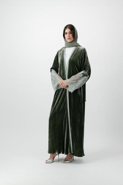 Velvet Silk Lace Cuff abaya in Bronze Green by GREI