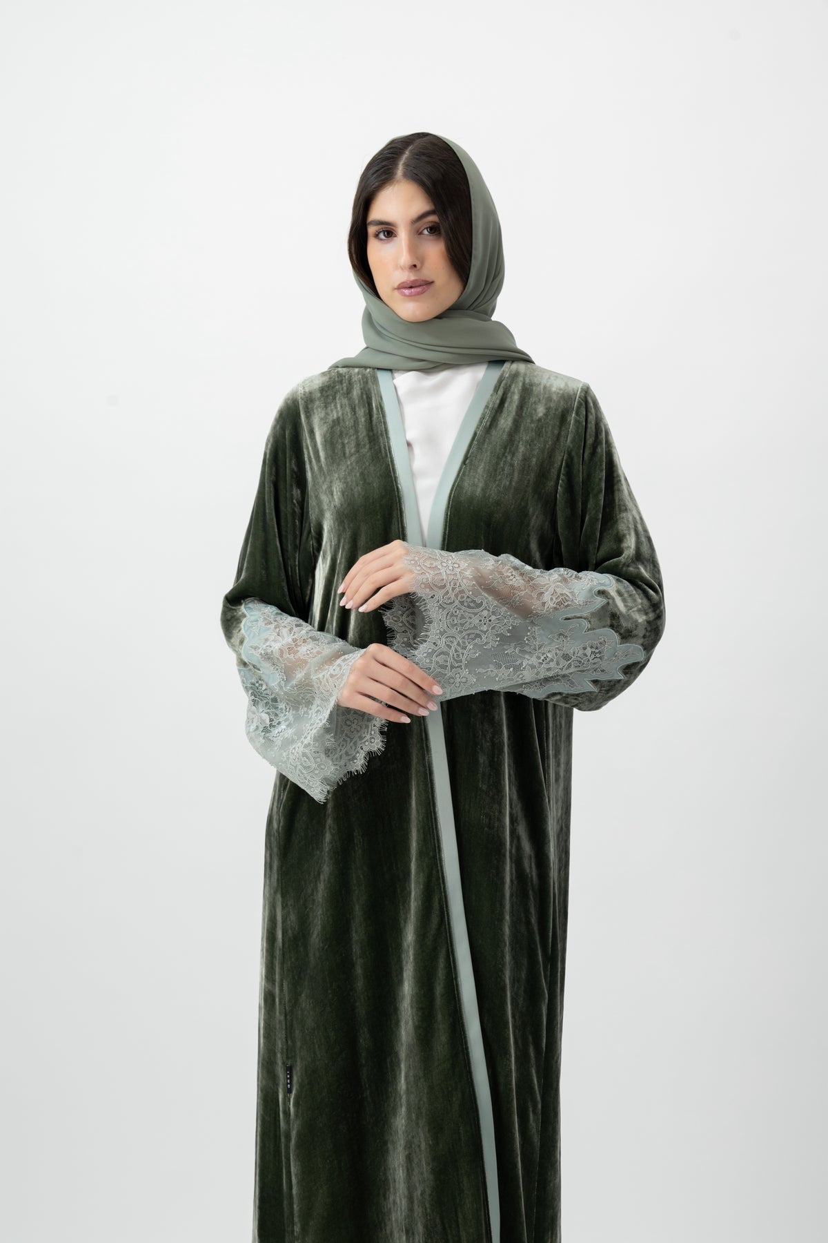 Velvet Silk Lace Cuff abaya in Bronze Green by GREI