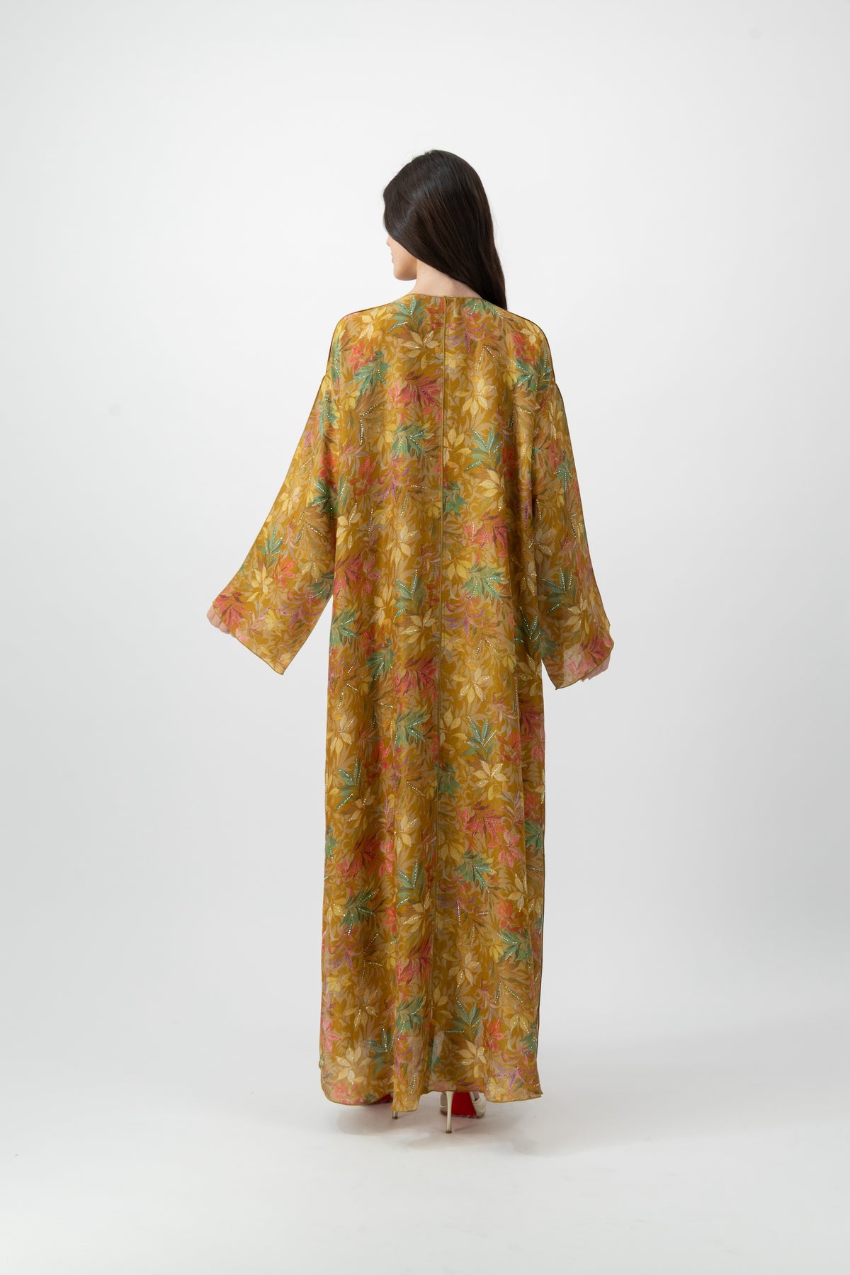 Silk Crystal Kaftan in Golden Foliage print by GREI