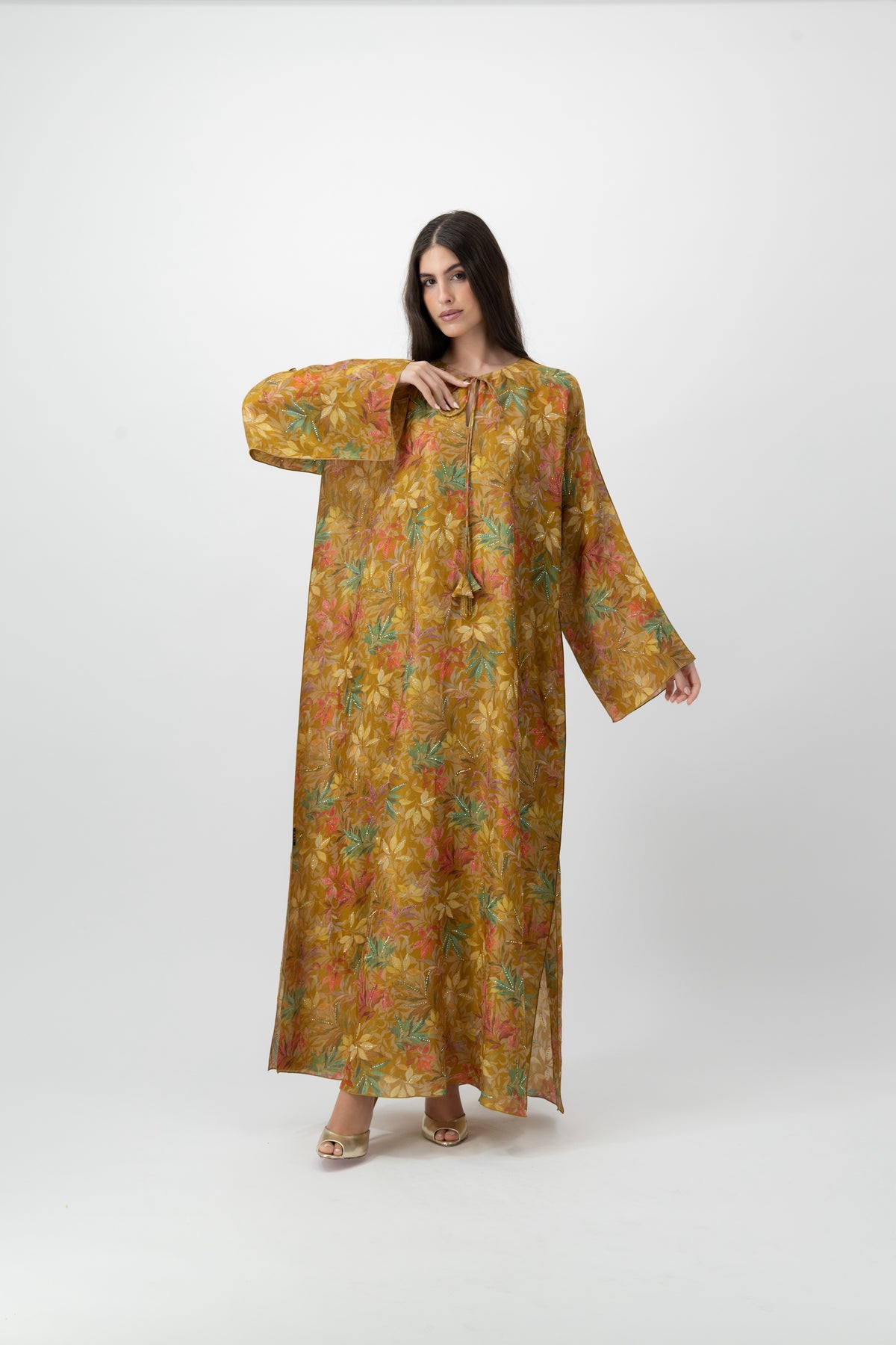 Silk Crystal Kaftan in Golden Foliage print by GREI