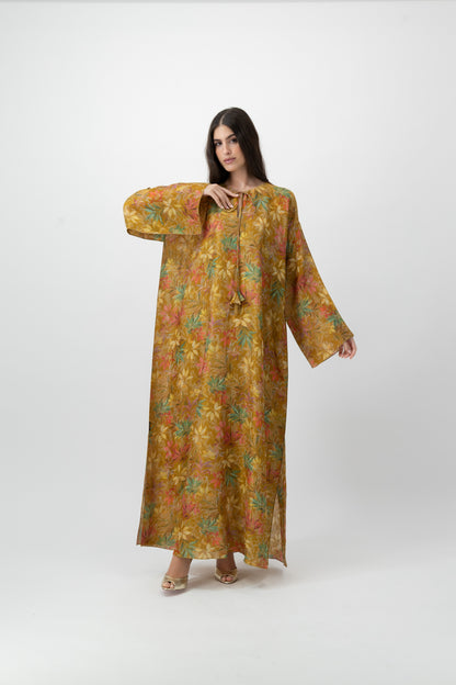 Silk Crystal Kaftan in Golden Foliage print by GREI