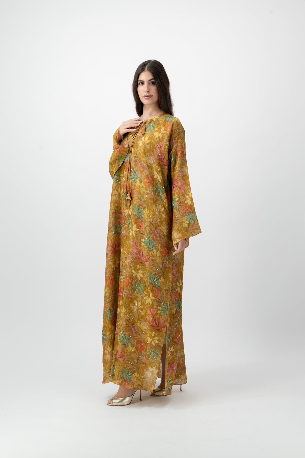 Silk Crystal Kaftan in Golden Foliage print by GREI