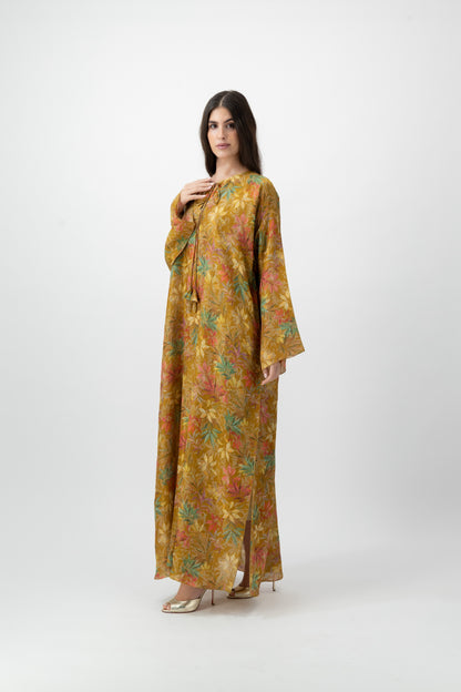 Silk Crystal Kaftan in Golden Foliage print by GREI