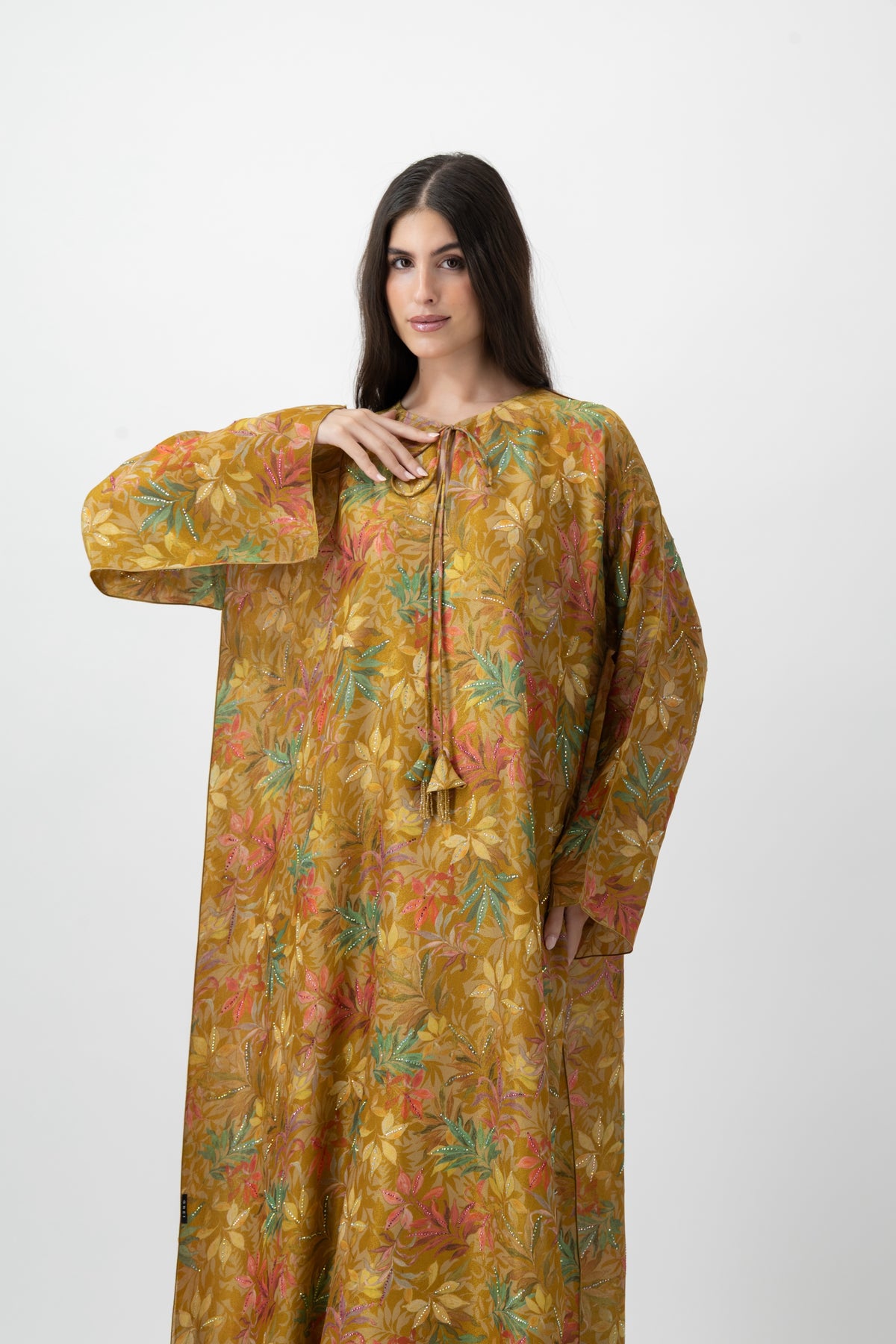 Silk Crystal Kaftan in Golden Foliage print by GREI
