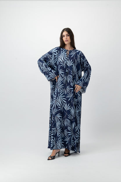 Printed Kaftan in Navy Palm by GREI