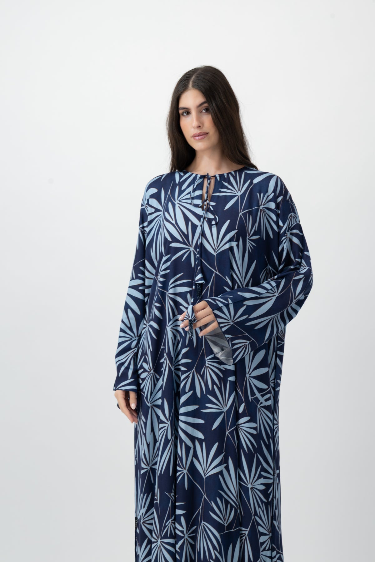 Printed Kaftan in Navy Palm by GREI