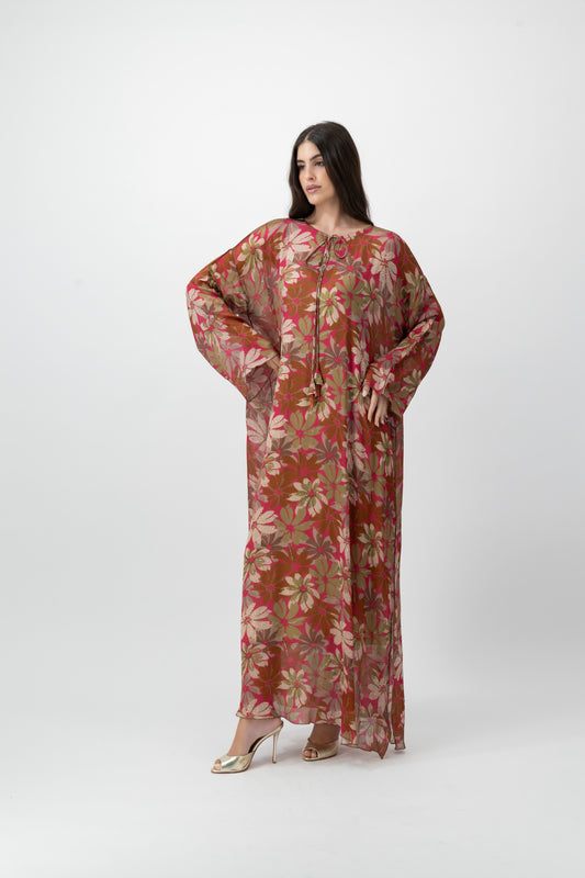 Silk Crystal Kaftan in Fuchsia Petal print by GREI