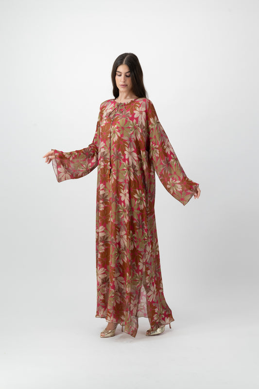 Silk Crystal Kaftan in Fuchsia Petal print by GREI