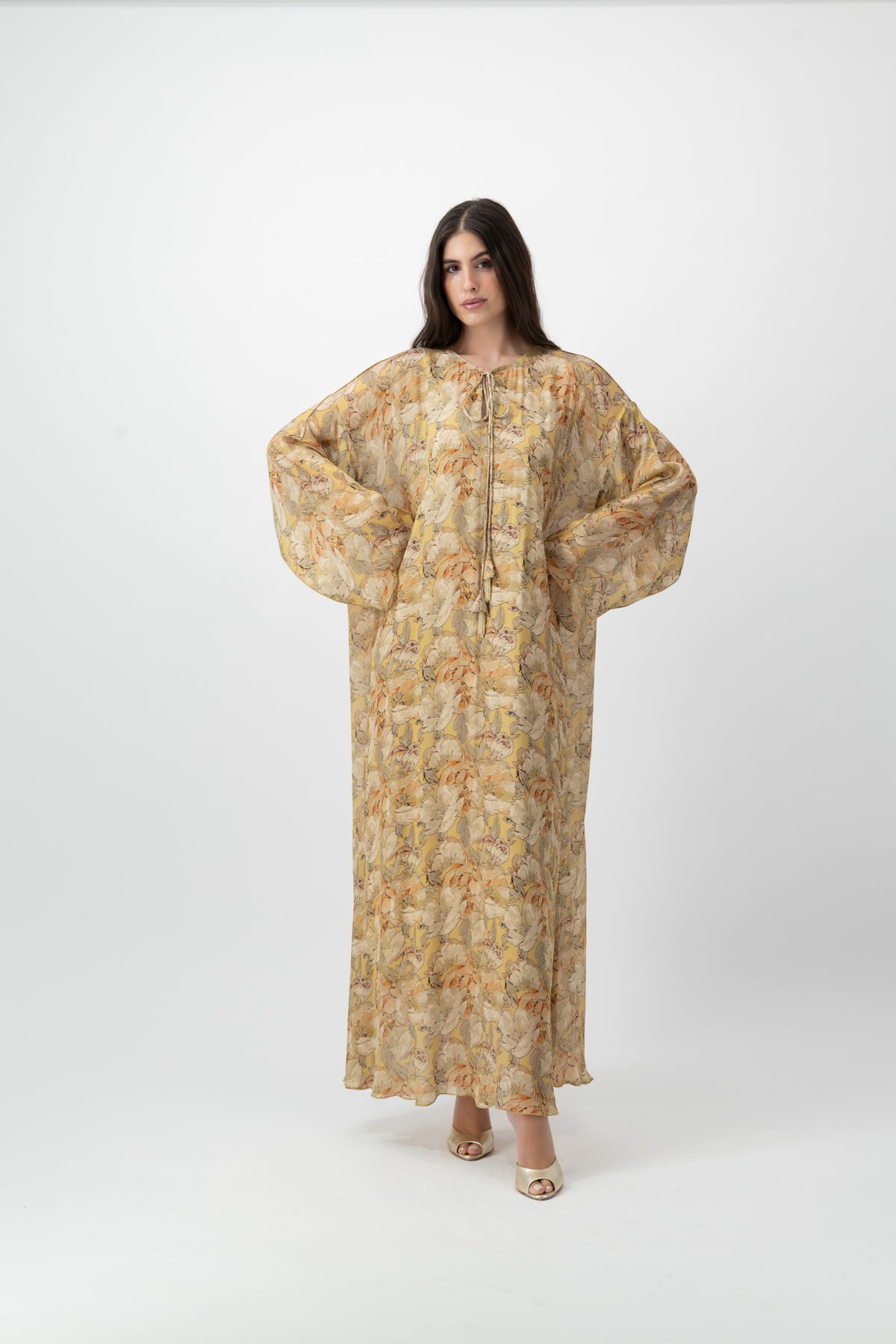 Silk Crystal Kaftan in Butter Peony print by GREI