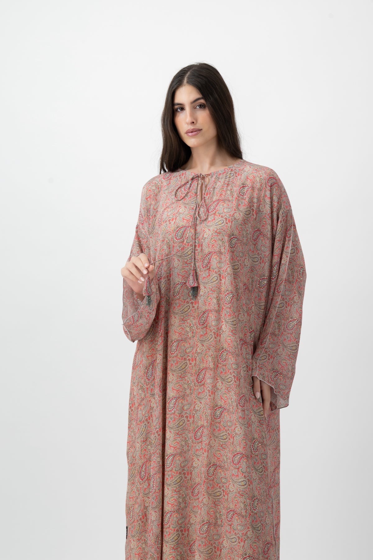 Silk Crystal Kaftan in Coral Paisley print by GREI