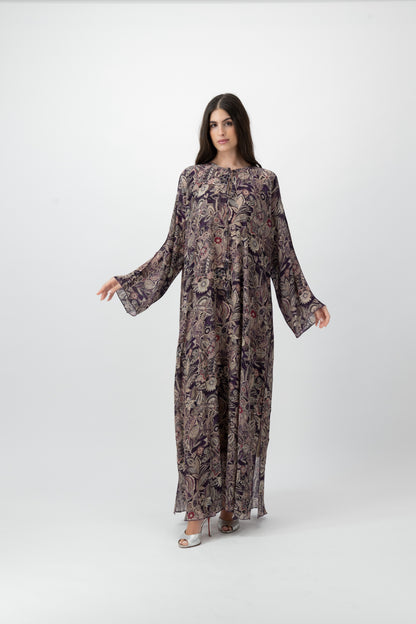 Silk Crystal Kaftan in Plum Garden print by GREI