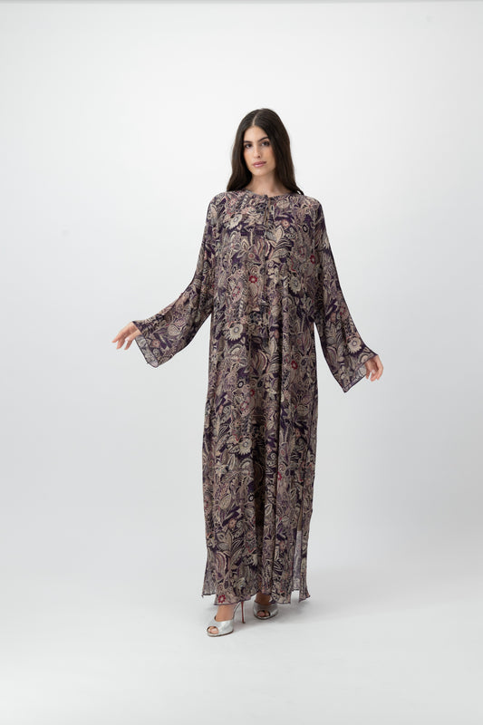 Silk Crystal Kaftan in Plum Garden print by GREI