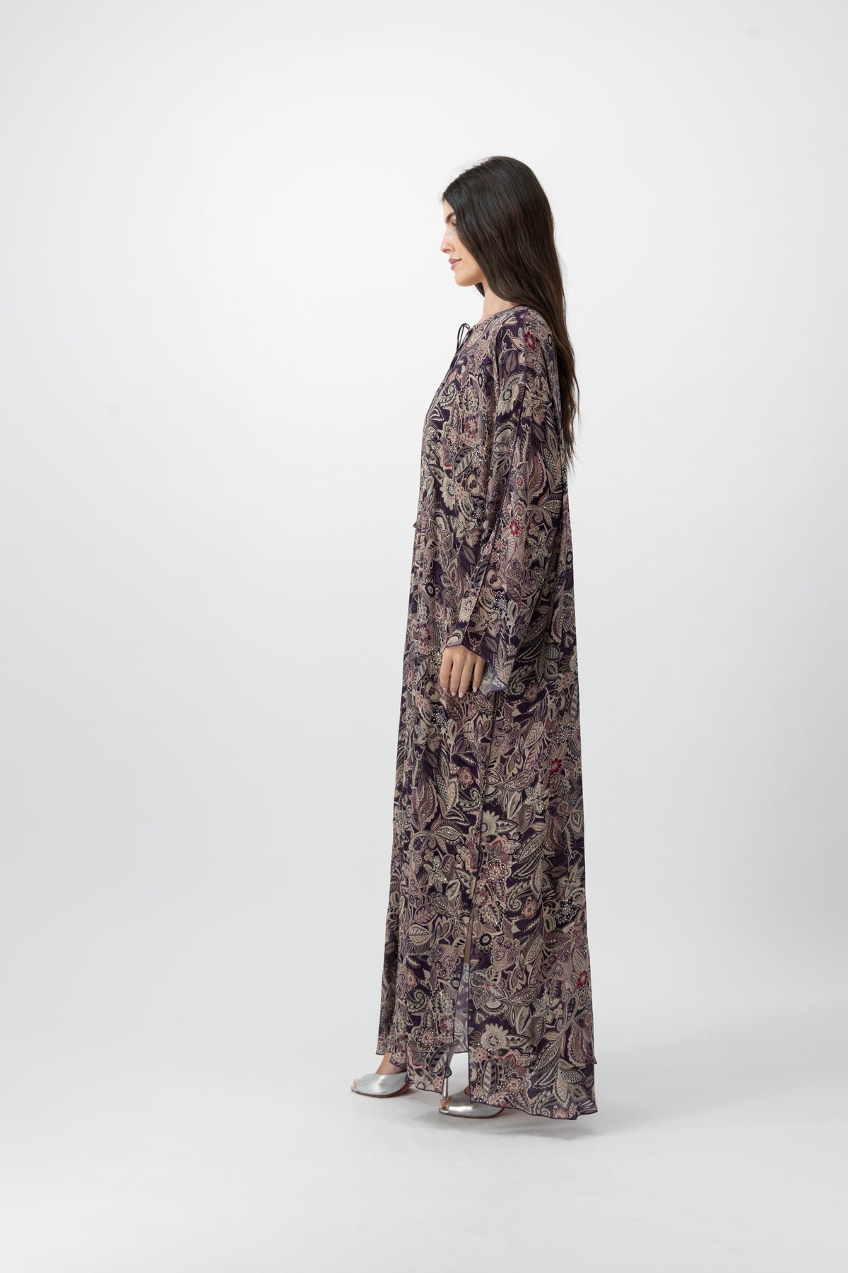 Silk Crystal Kaftan in Plum Garden print by GREI