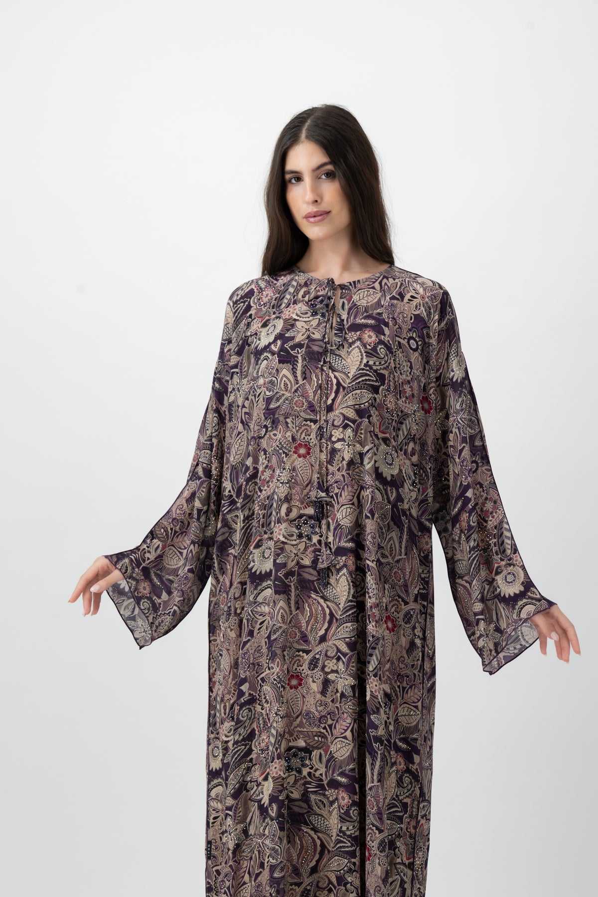 Silk Crystal Kaftan in Plum Garden print by GREI