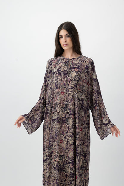Silk Crystal Kaftan in Plum Garden print by GREI