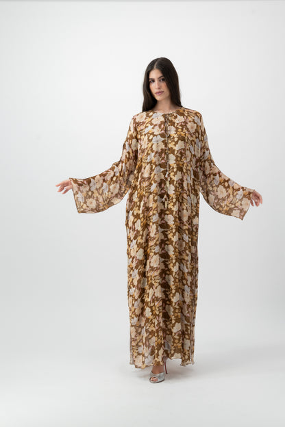 Silk Crystal Kaftan in Cocoa Blossom print by GREI