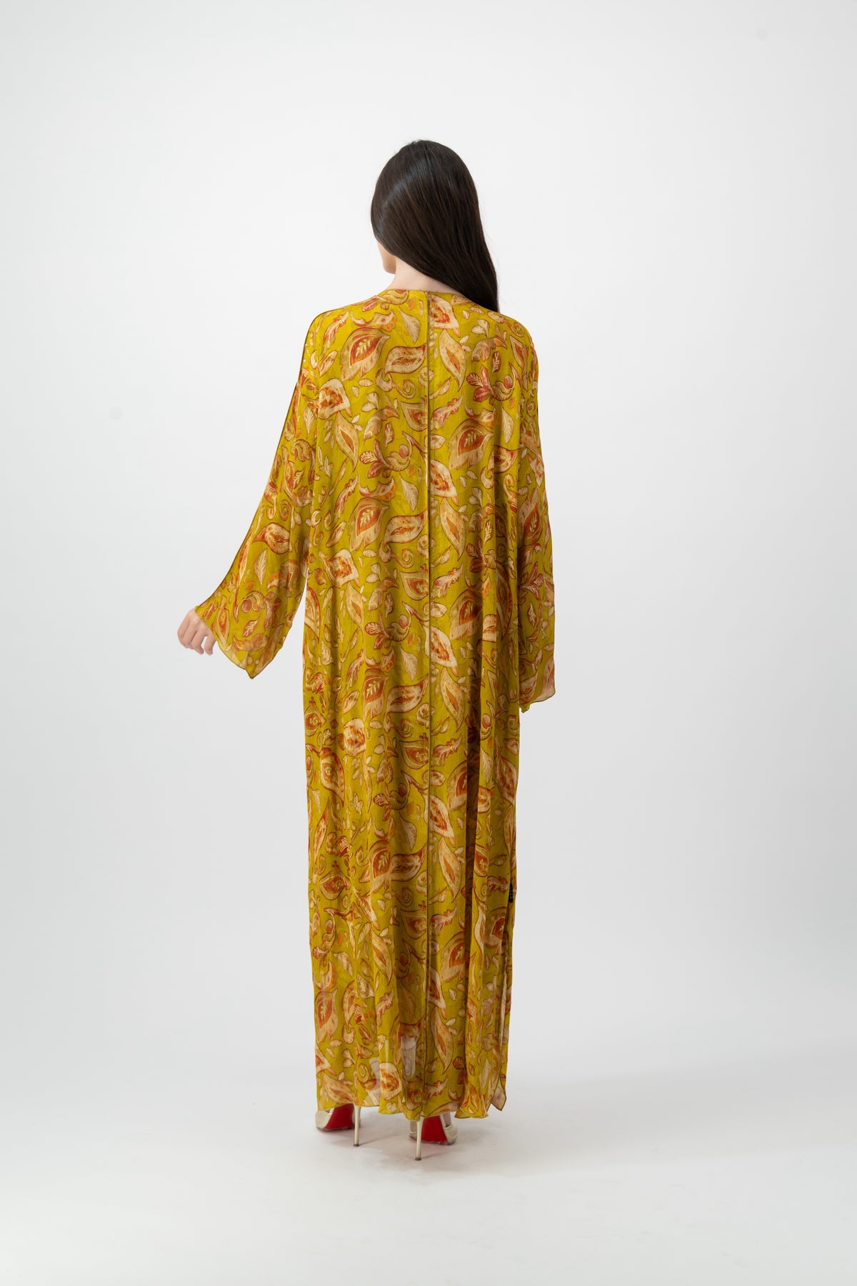 Silk Crystal Kaftan in Chartreuse Leaf print by GREI