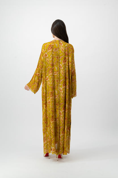 Silk Crystal Kaftan in Chartreuse Leaf print by GREI
