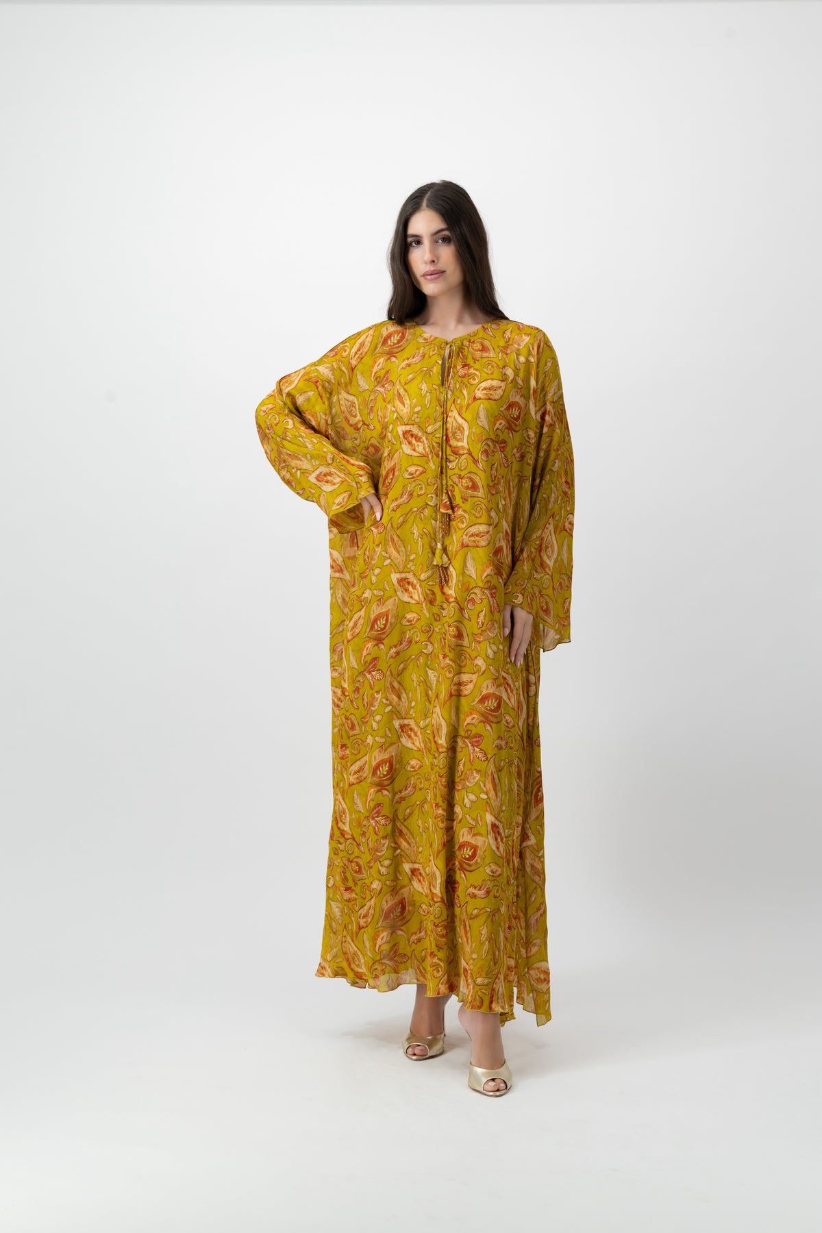 Silk Crystal Kaftan in Chartreuse Leaf print by GREI