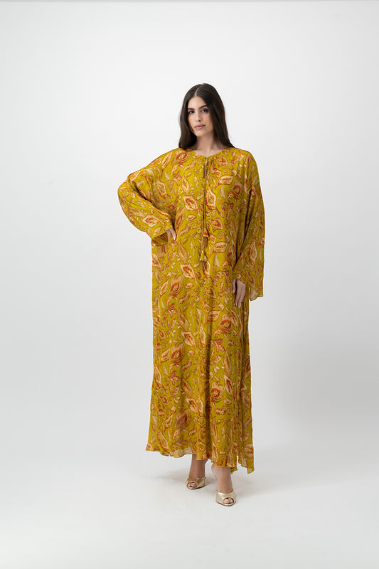 Silk Crystal Kaftan in Chartreuse Leaf print by GREI