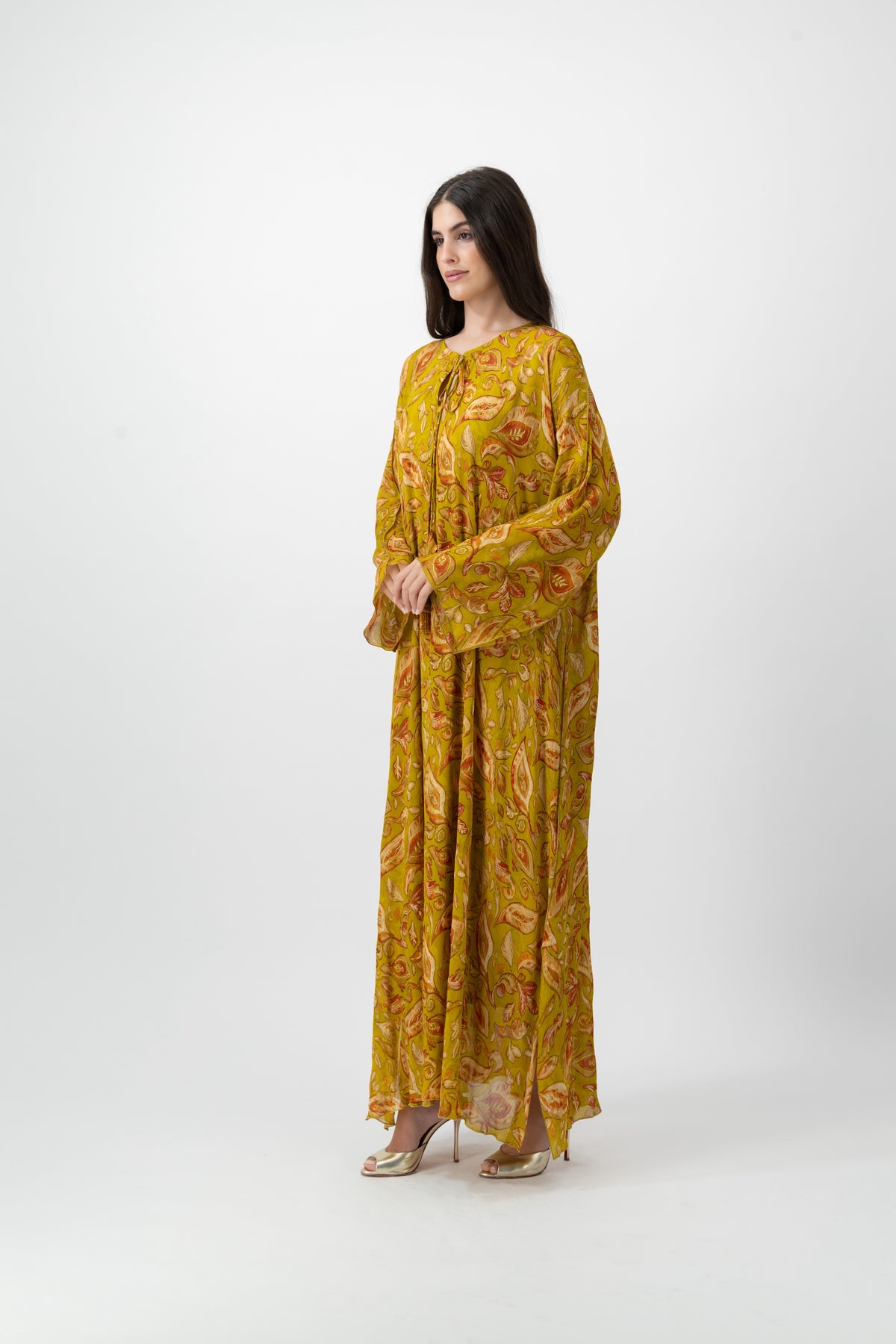 Silk Crystal Kaftan in Chartreuse Leaf print by GREI